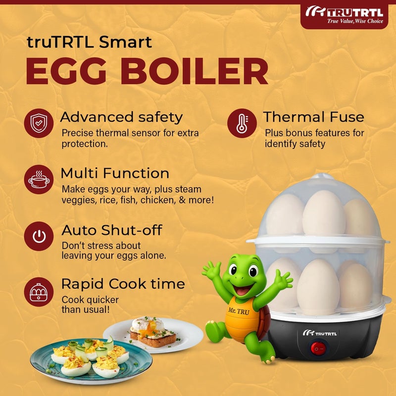 truTRTL 4 in 1 electric egg cooker | Boils upto 14 eggs | Poacher | Omelet maker | Vegetable steamer, dumpling & More | Royal Black - Image 5